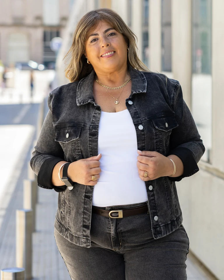LOOK COMPLETO COSMOPOLITAN GRIS | Jean Flare + Remera + Campera jean -🛡️COMPRA SEGURA