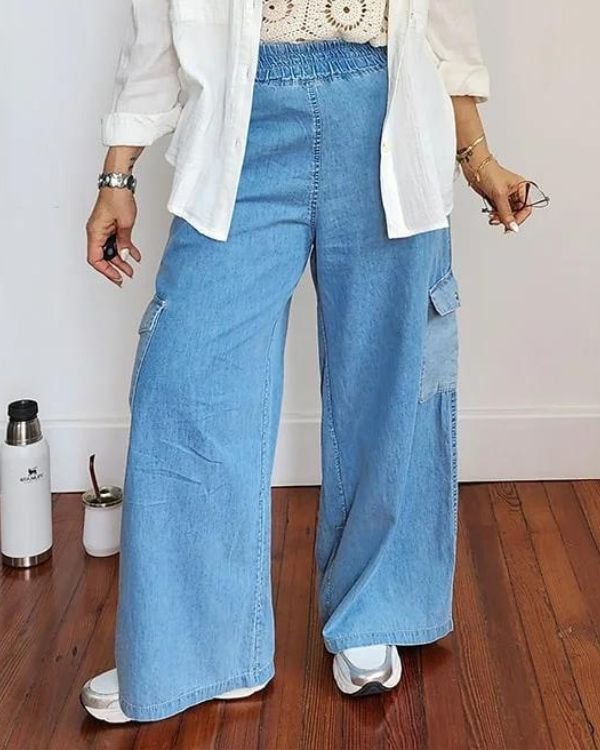 PANTALON JEAN PALAZZO - Celeste